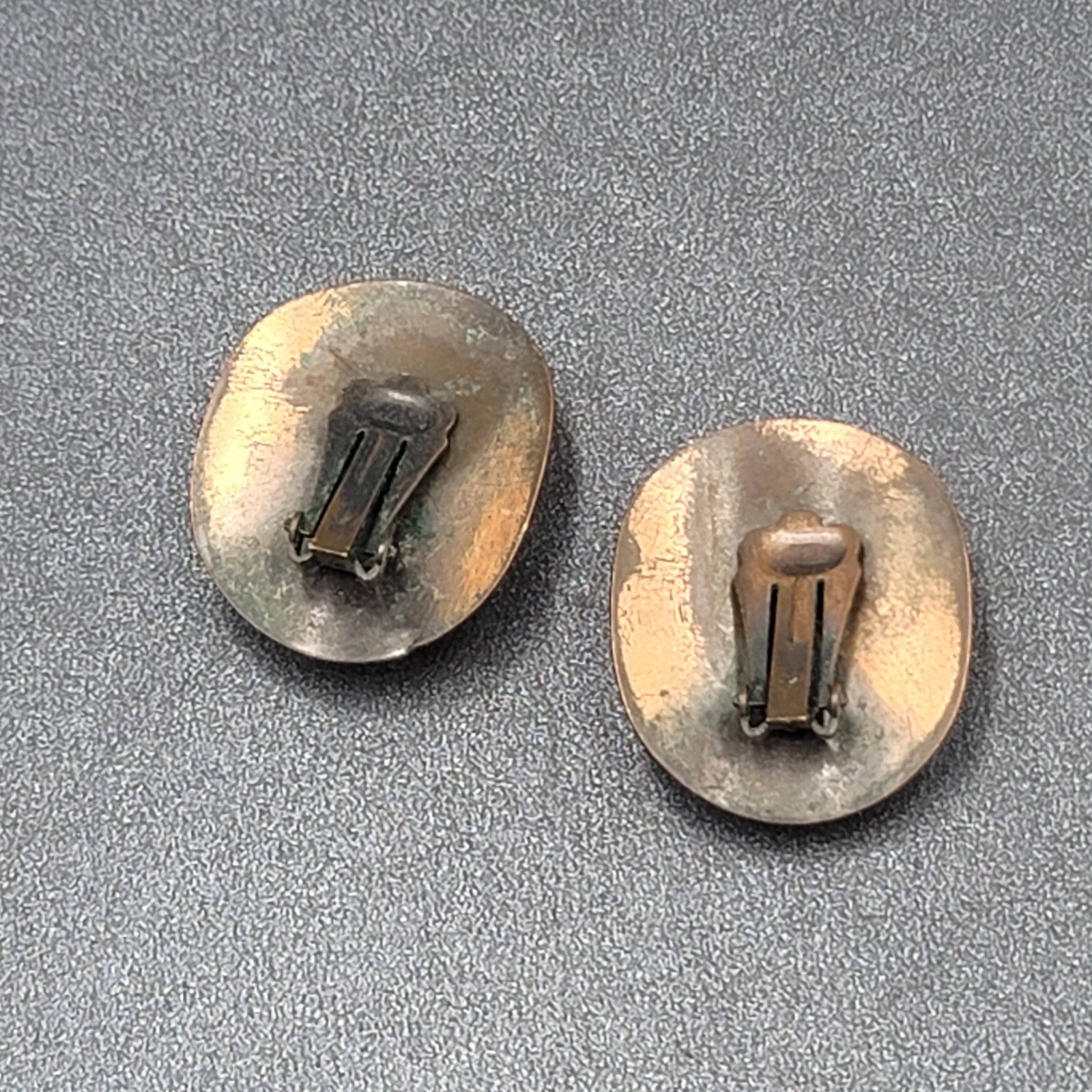 Vintage Clip on Earrings Copper Plated Mother of Pearl Accents Modernist 1.25"