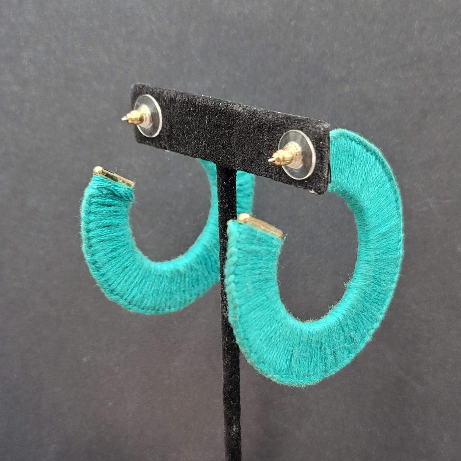 Pierced Earrings Gold tone Turquoise Blue Thread Wrapped Hoops 2 1/8"