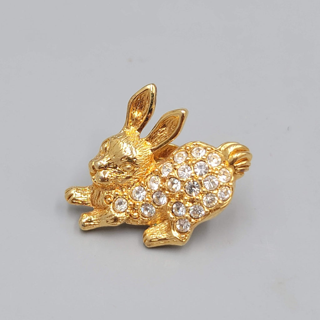 Vintage Avon Bunny Rabbit Brooch Gold tone Rhinestone Pin 1"