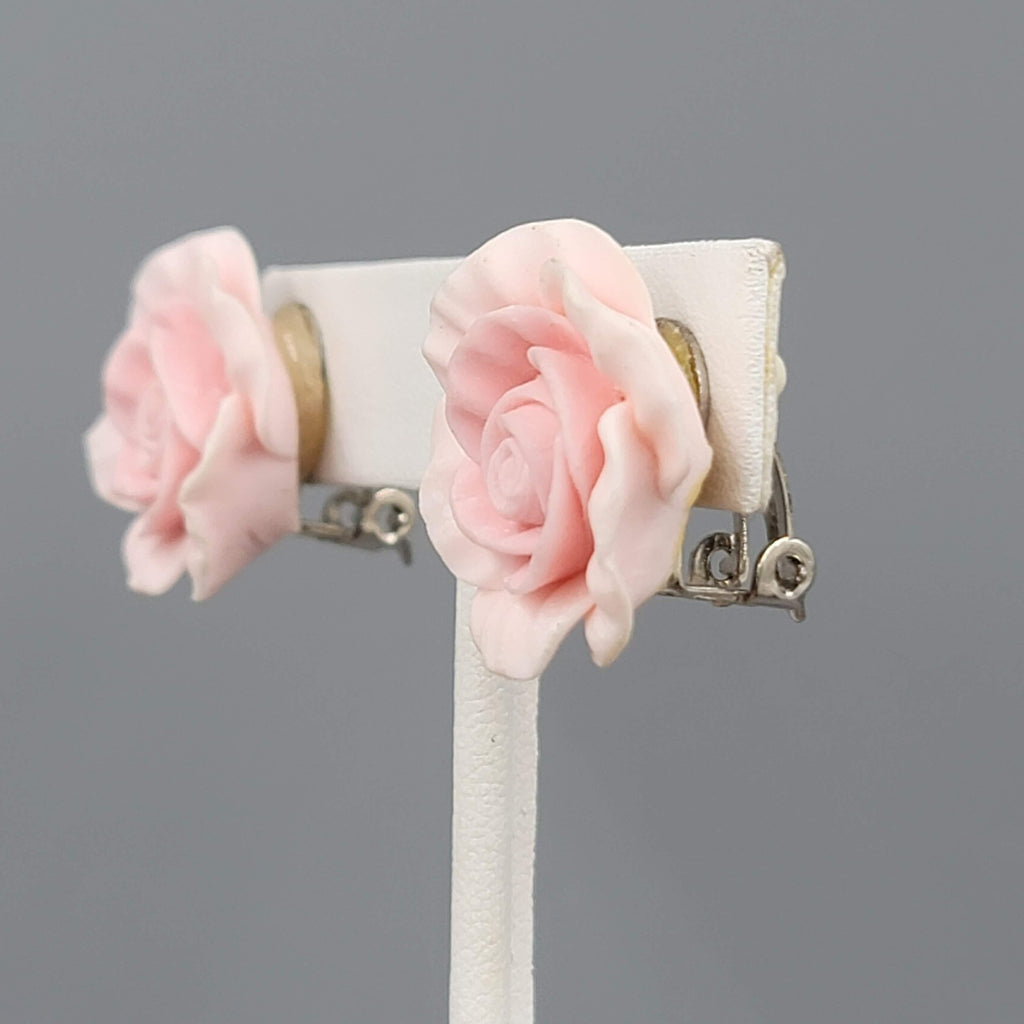 Vintage Pink Flowers Clip on Earrings 3D Statement Acrylic 7/8 in