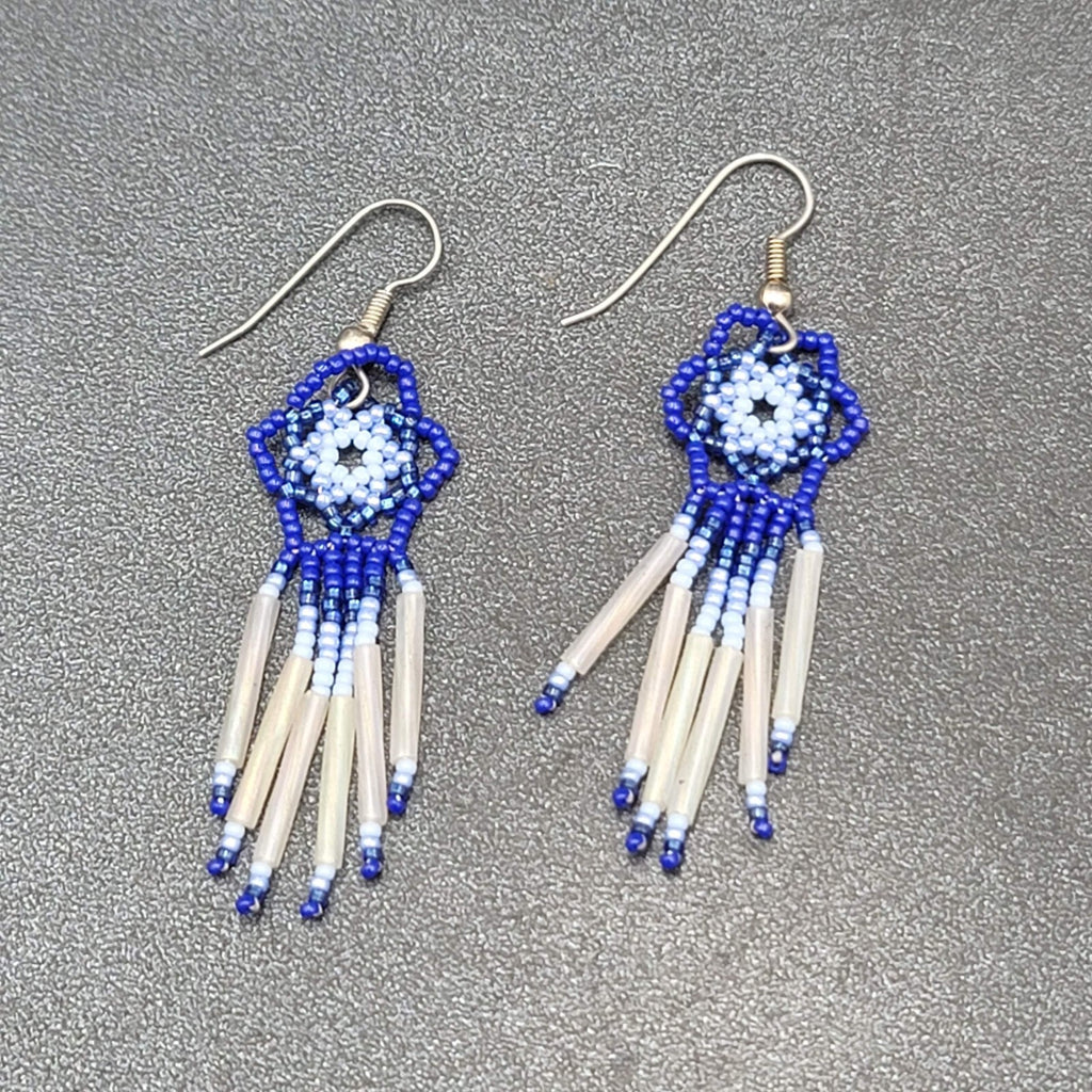 Vintage Pierced Earrings Blue White Flower Weaved Seed Beads  2"