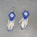 Vintage Pierced Earrings Blue White Flower Weaved Seed Beads  2"