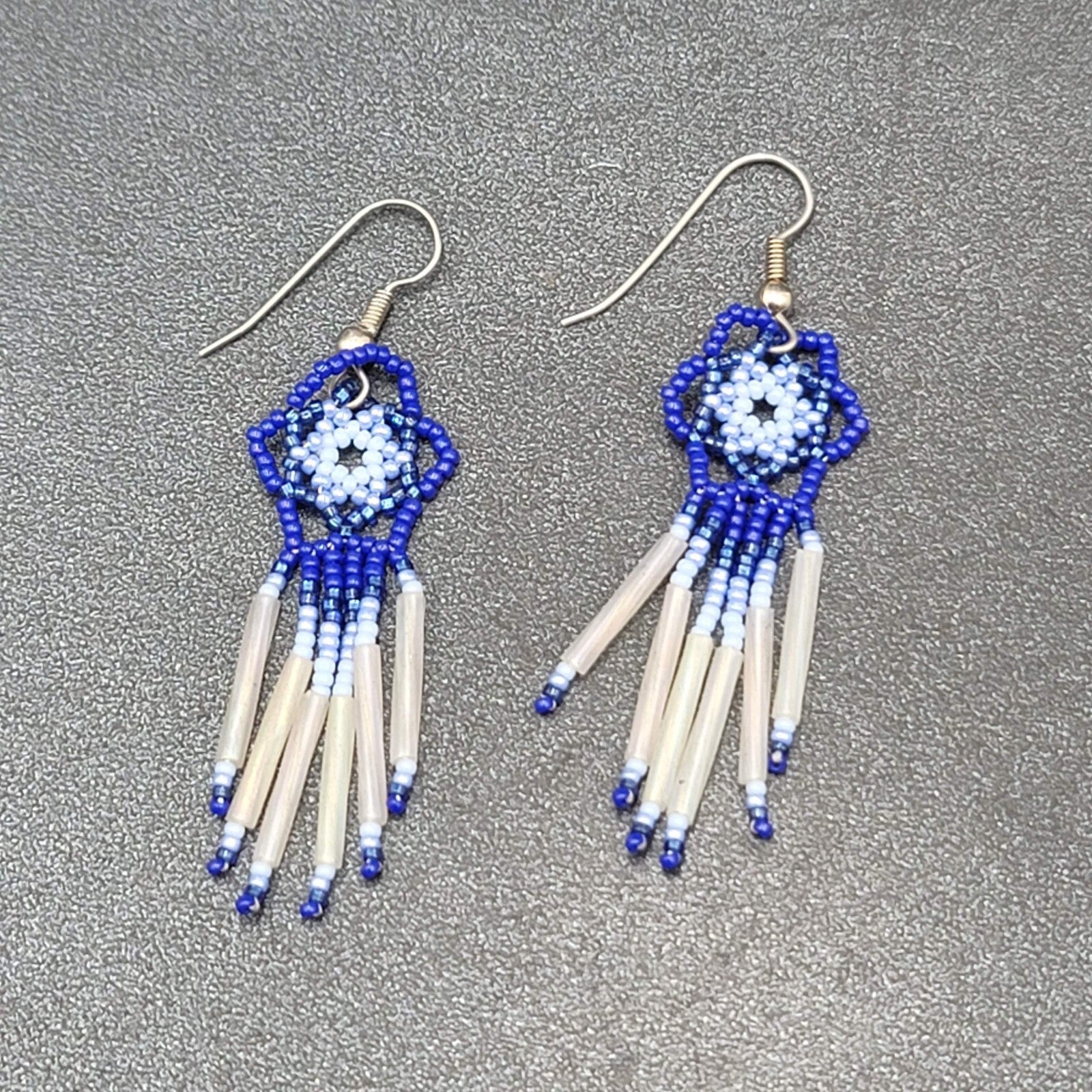 Vintage Pierced Earrings Blue White Flower Weaved Seed Beads  2"