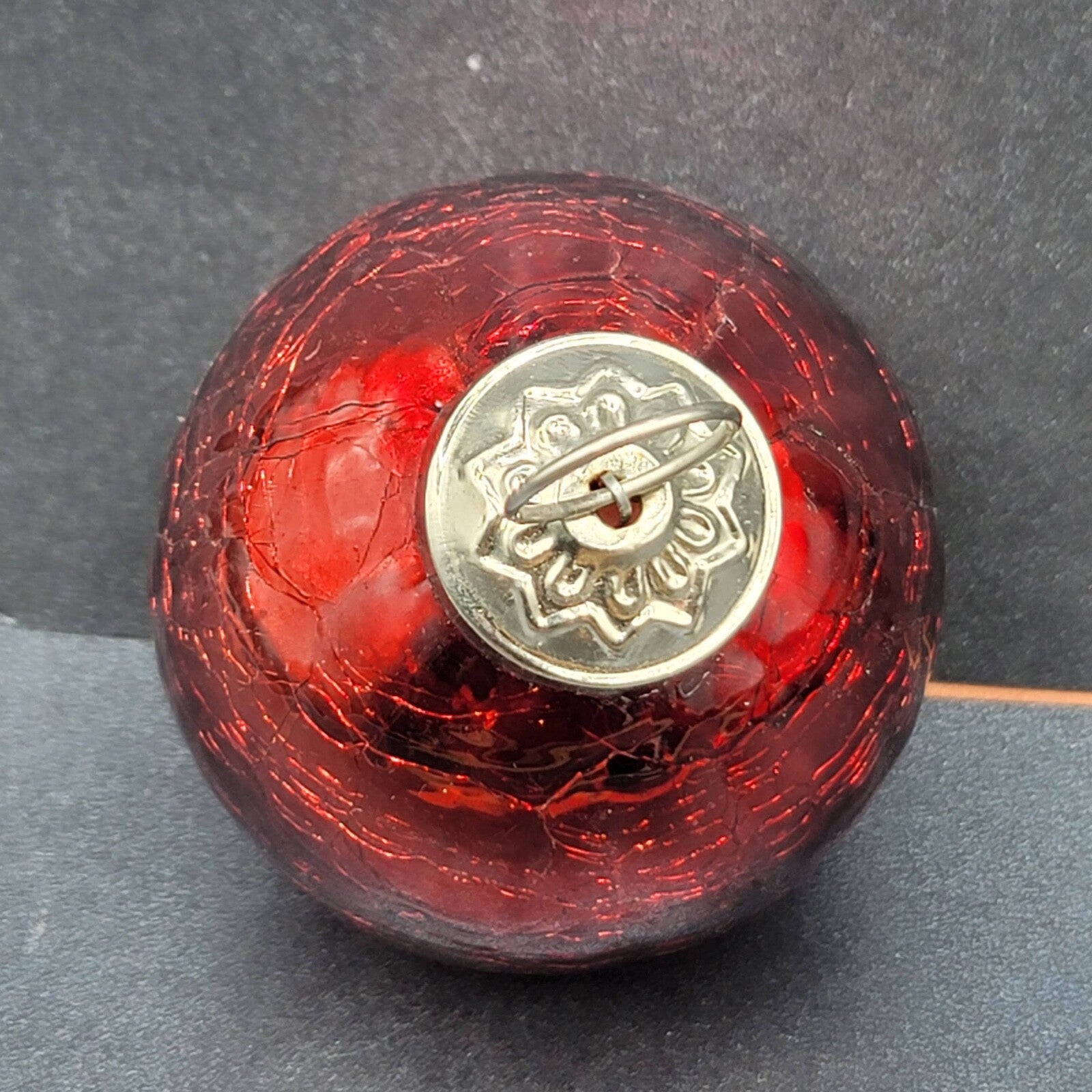 Vintage Kugel Style Red Blown Glass Ball Christmas Ornament Silver top 2"