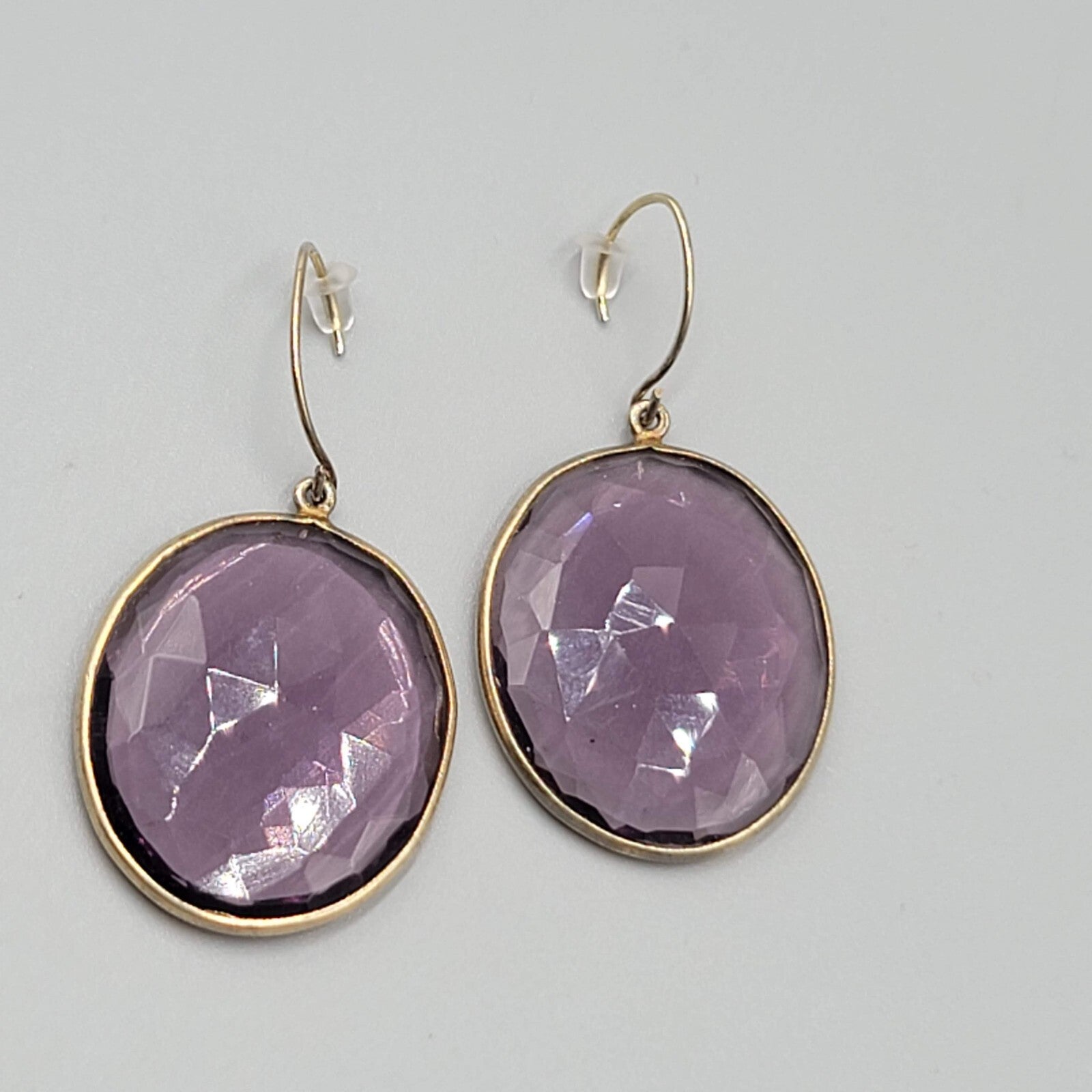 Pierced Earrings Gold tone Large Purple Faceted Glass Oval Dangle 1 3/8"