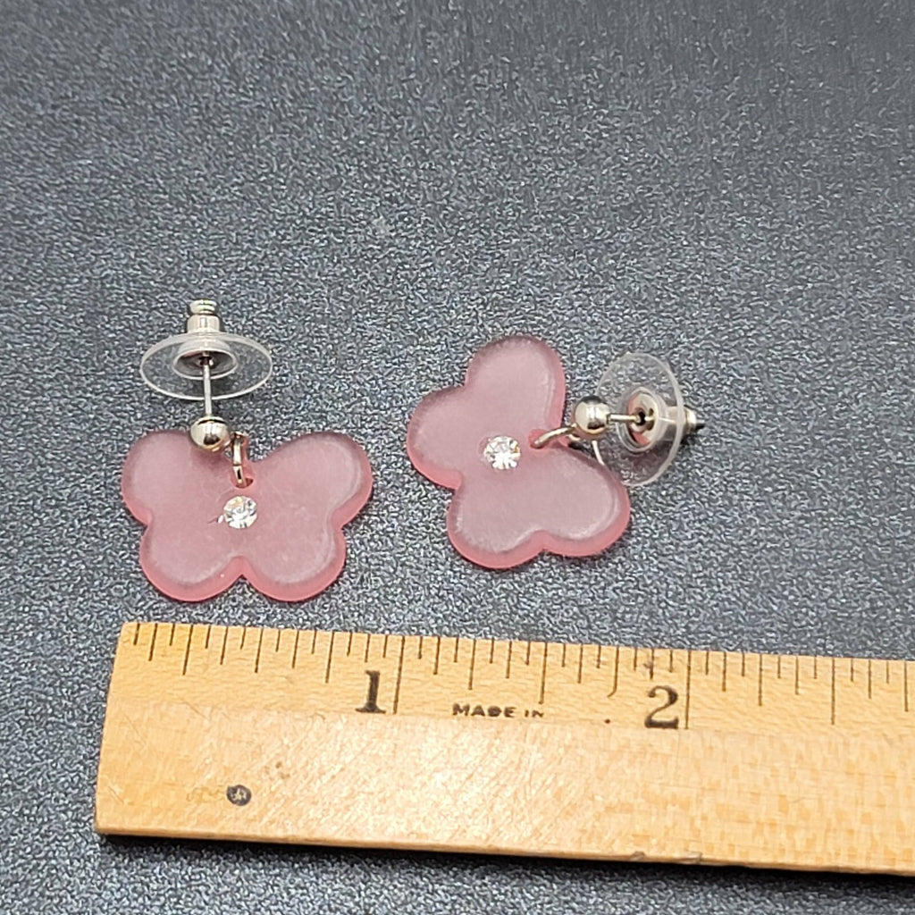 Butterfly Pierced Earrings Silver tone Pink Acrylic Bead Dangle 3/4"