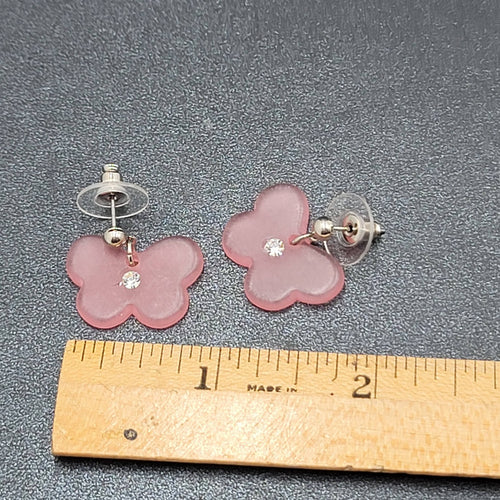 Butterfly Pierced Earrings Silver tone Pink Acrylic Bead Dangle 3/4"