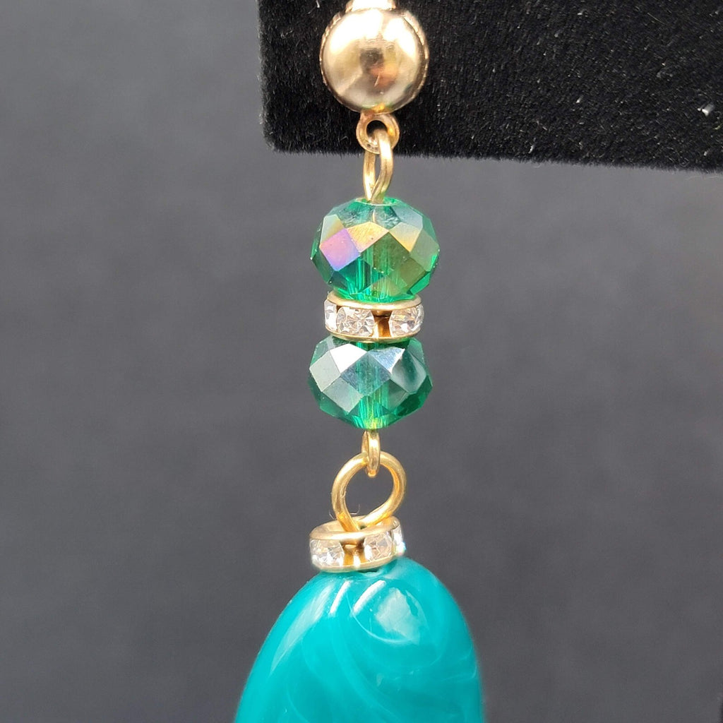 Vintage Pierced Earrings Green Acrylic Bead Dangle Rhinestones 2.5"