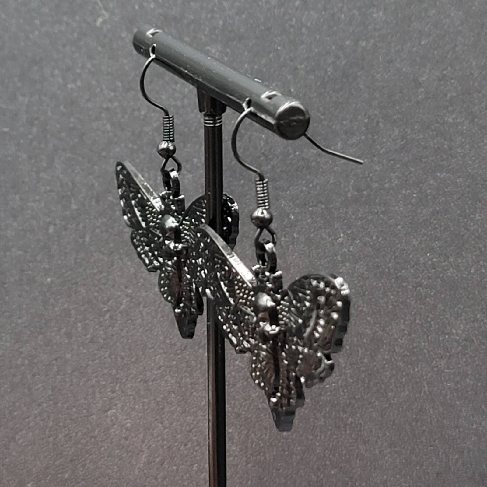 Death Head Moth Pierced Earrings Black Enamel Dangle 1" x 1 5/8" 