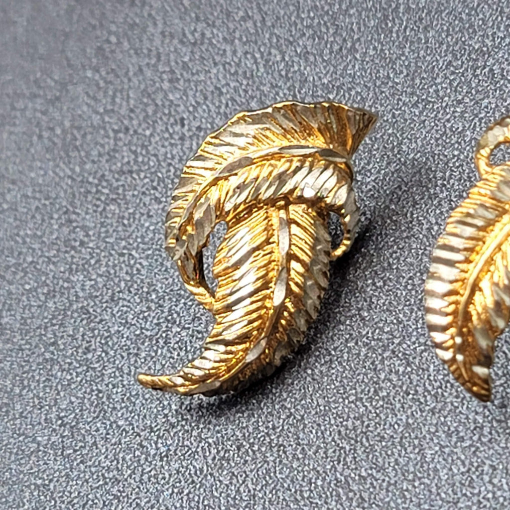 Sterling Silver Pierced Earrings 925 Gold Vermeil 2 Toned Drop Feather  1.25"