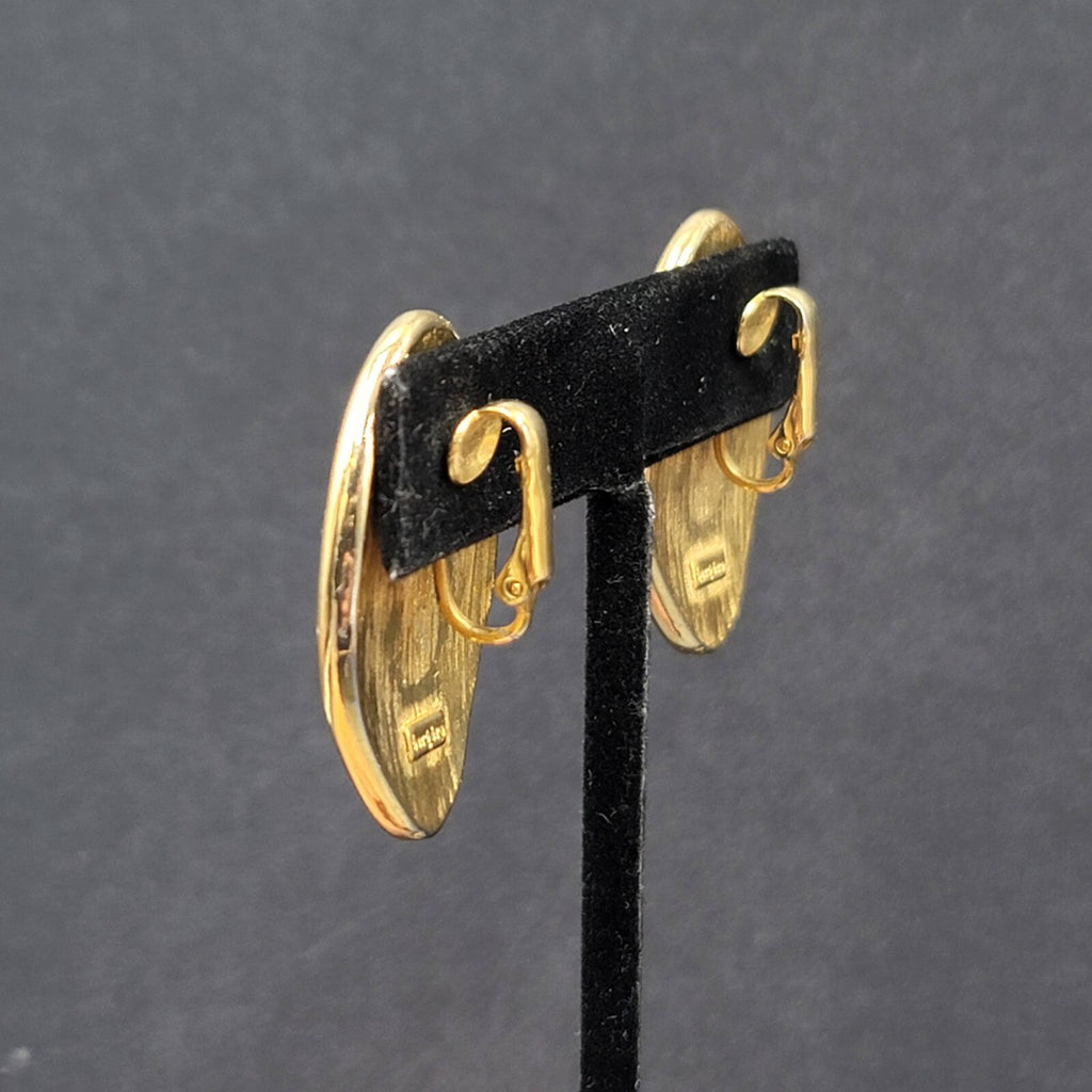 Bergere Red Enamel Clip On Earrings Gold Plated  1.25"