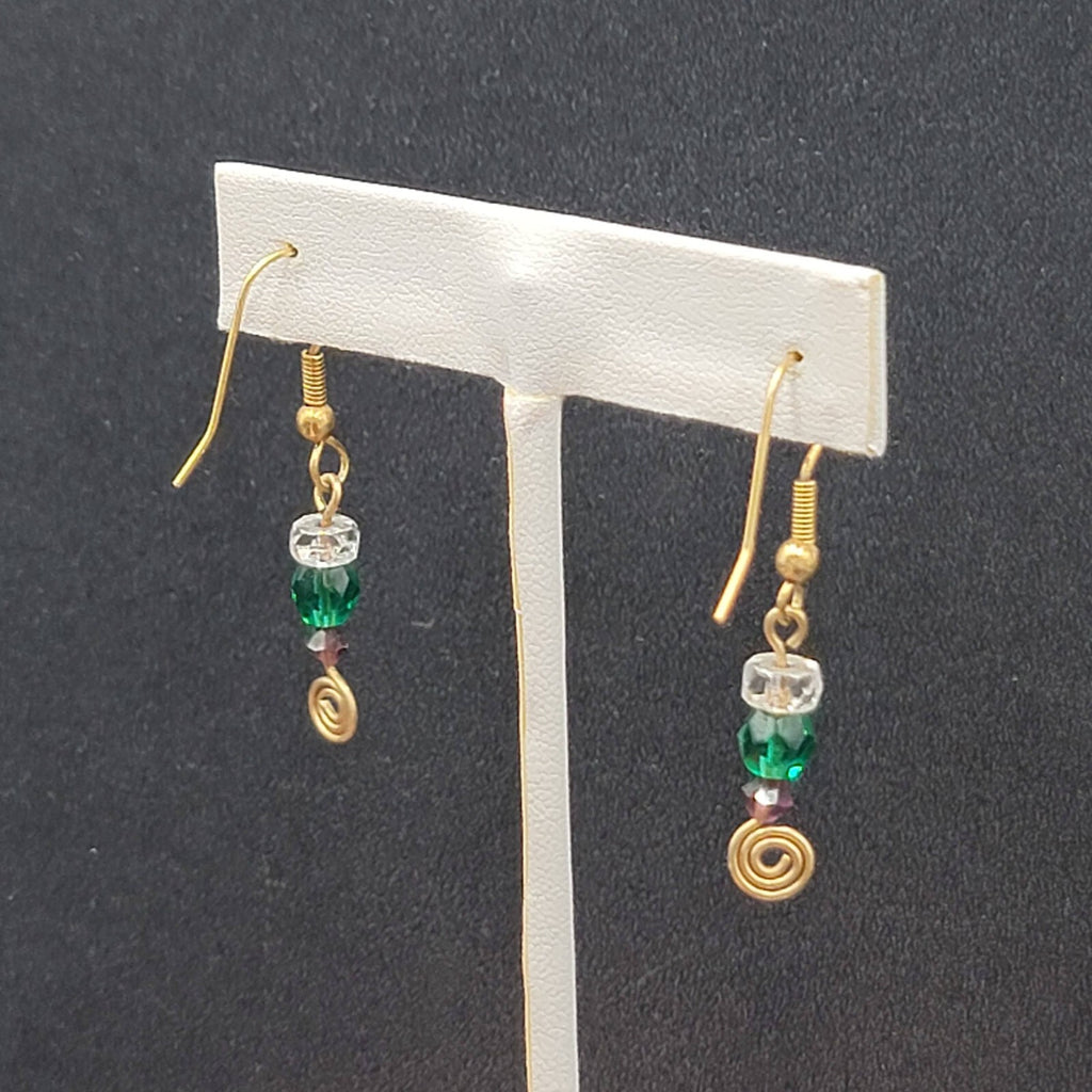 Pierced Earrings Gold tone Green Purple Clear Bead Dangle 1"