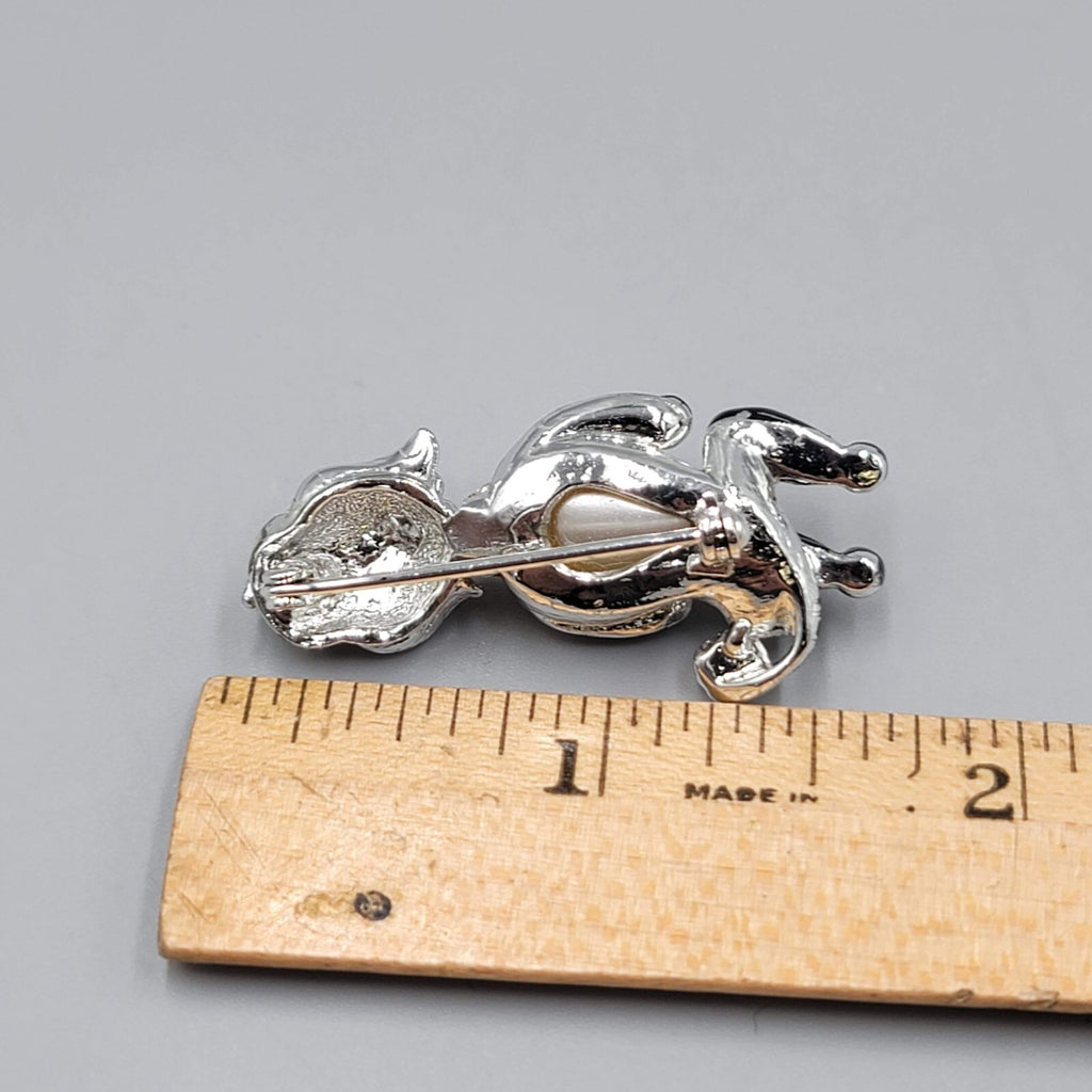 Vintage Poodle Dog Brooch Rhinestone Black White Silver tone 1.5"