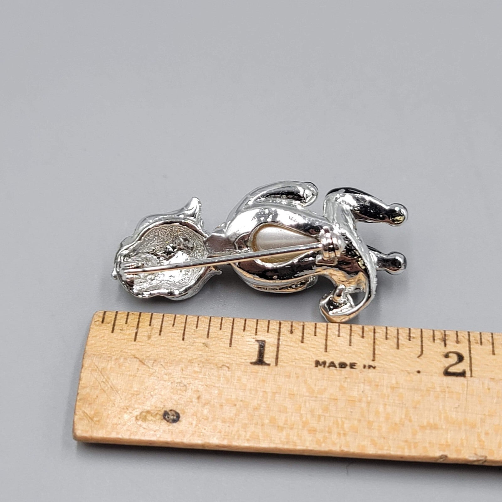 Vintage Poodle Dog Brooch Rhinestone Black White Silver tone 1.5"