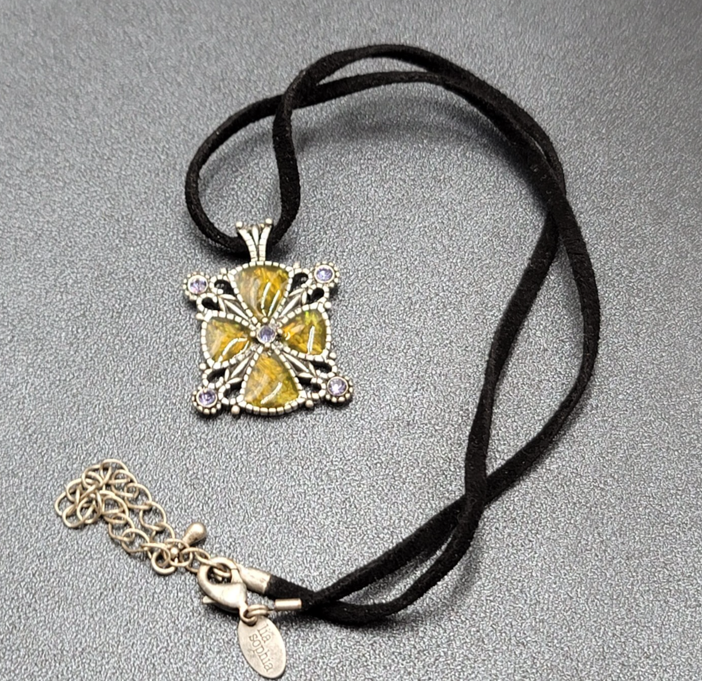 Lia Sophia Pendant Necklace Silver tone Crystal Suede Leather Cord 16"-19"