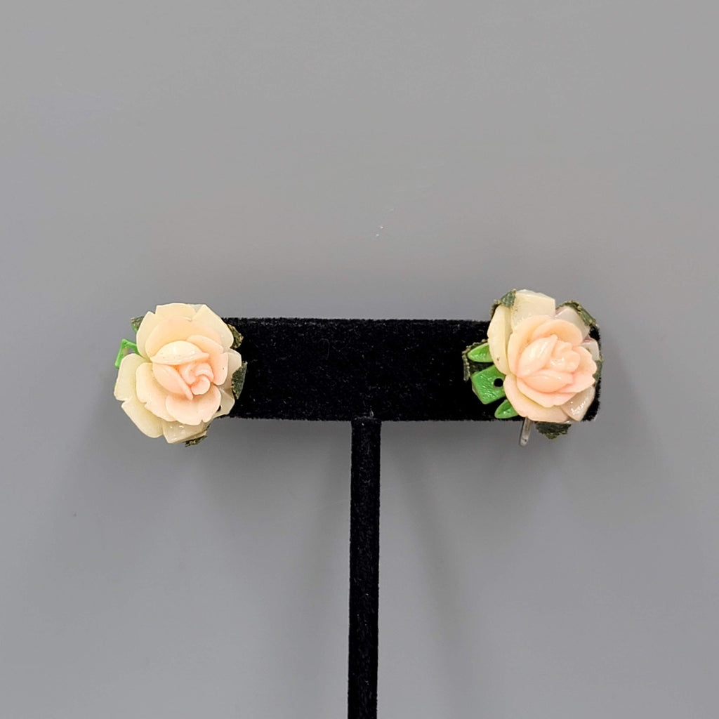 Vintage Acrylic Rose Clip on Earrings Screw Back 3/4"