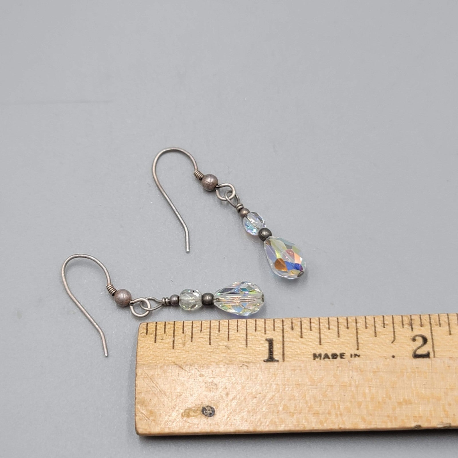 AB Crystal Teardrop Bead Pierced Earrings Silver tone Dangle 7/8"