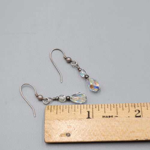 AB Crystal Teardrop Bead Pierced Earrings Silver tone Dangle 7/8"