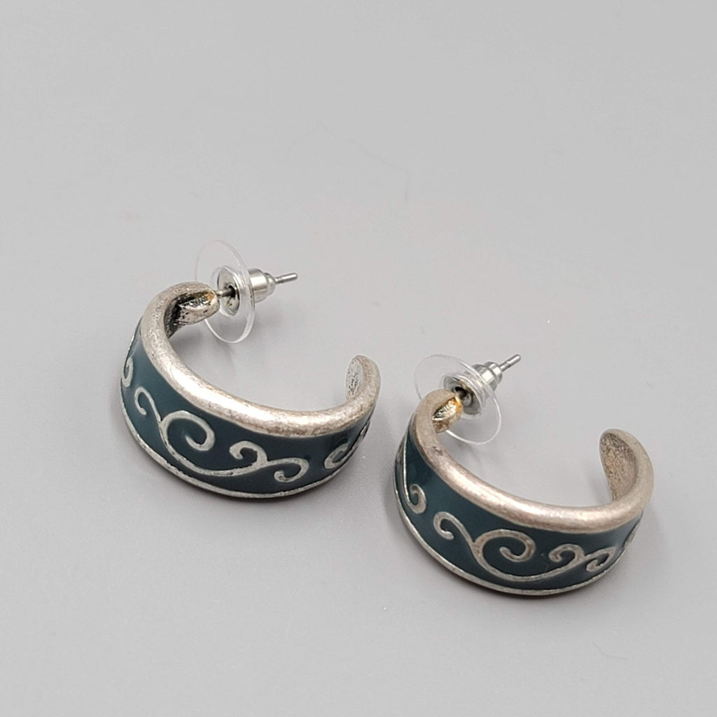Vintage Silver tone Blue Enamel Hoops Pierced Earrings 7/8"