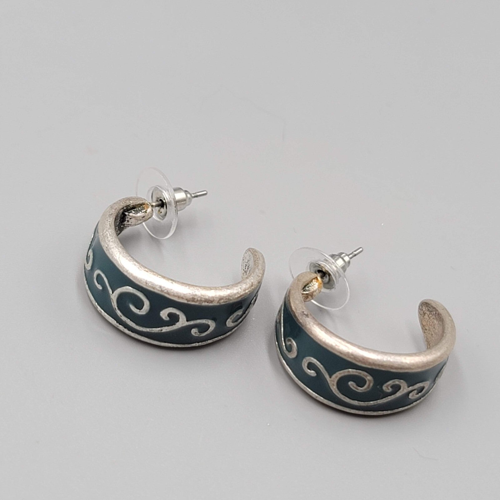 Vintage Silver tone Blue Enamel Hoops Pierced Earrings 7/8"