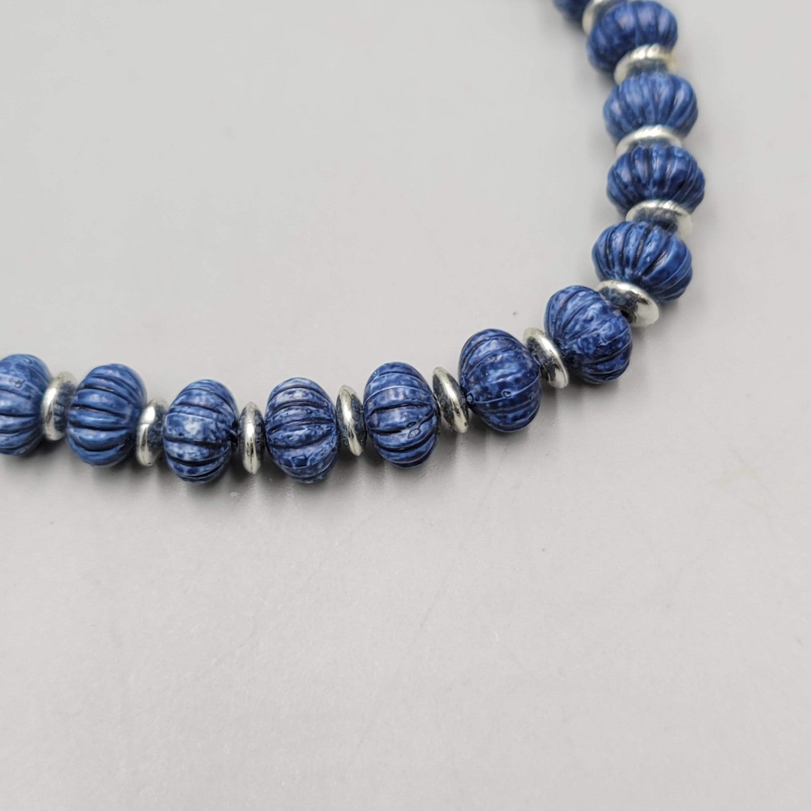 Vintage Textured Blue Bead Necklace Silver tone Spacers 24"