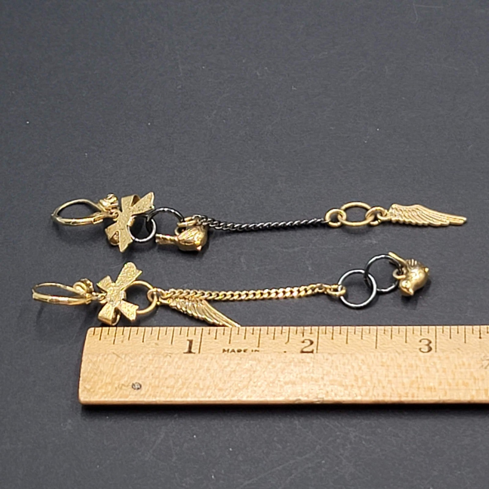 Asymmetrical Bows Birds Angel Wings Pierced Earrings Gold tone Dangle 3"