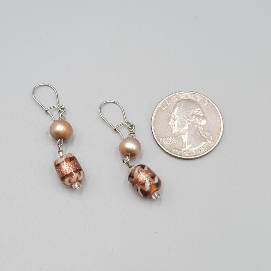 Art Glass Bead Pierced Earrings Silver tone Dangle 1.25"