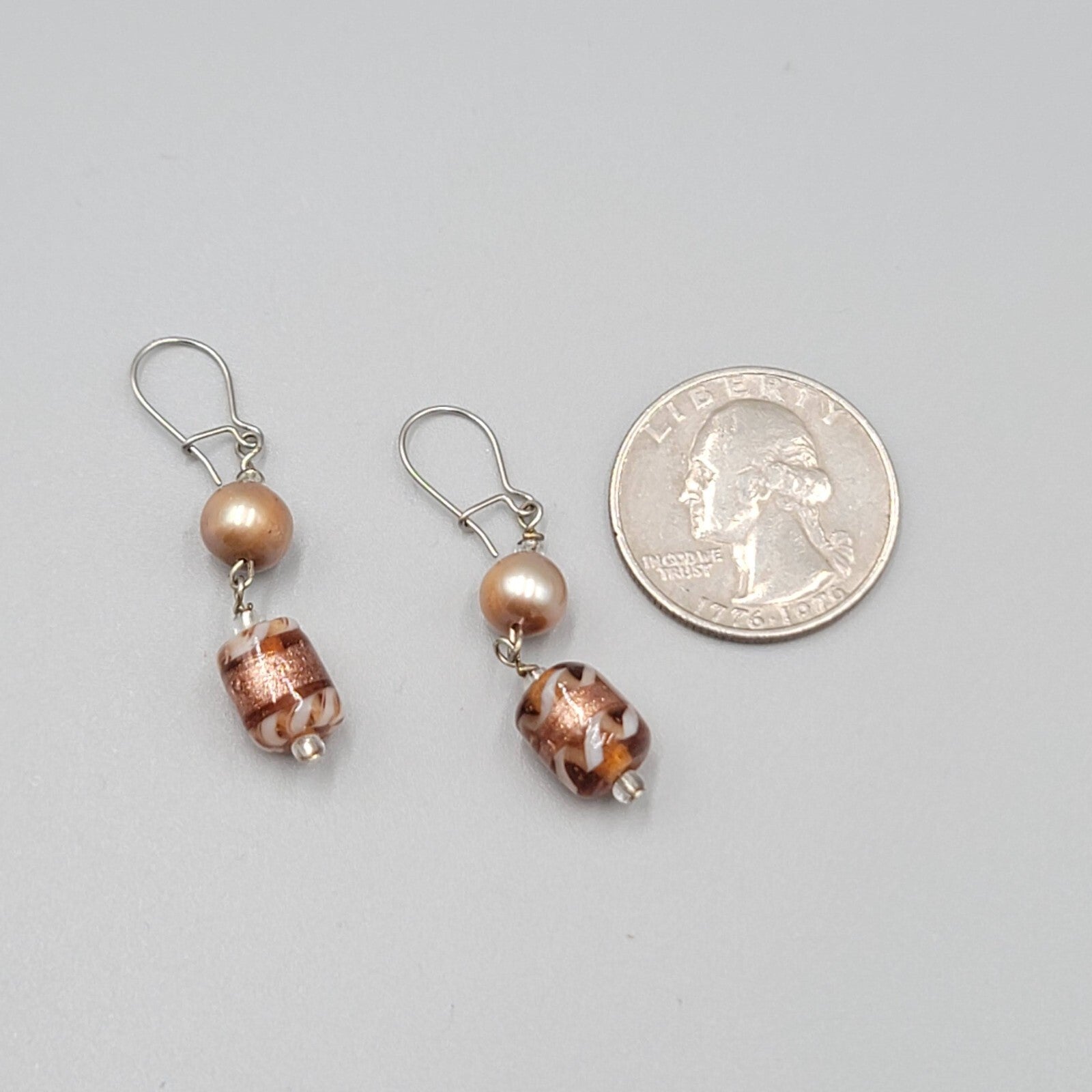 Art Glass Bead Pierced Earrings Silver tone Dangle 1.25"
