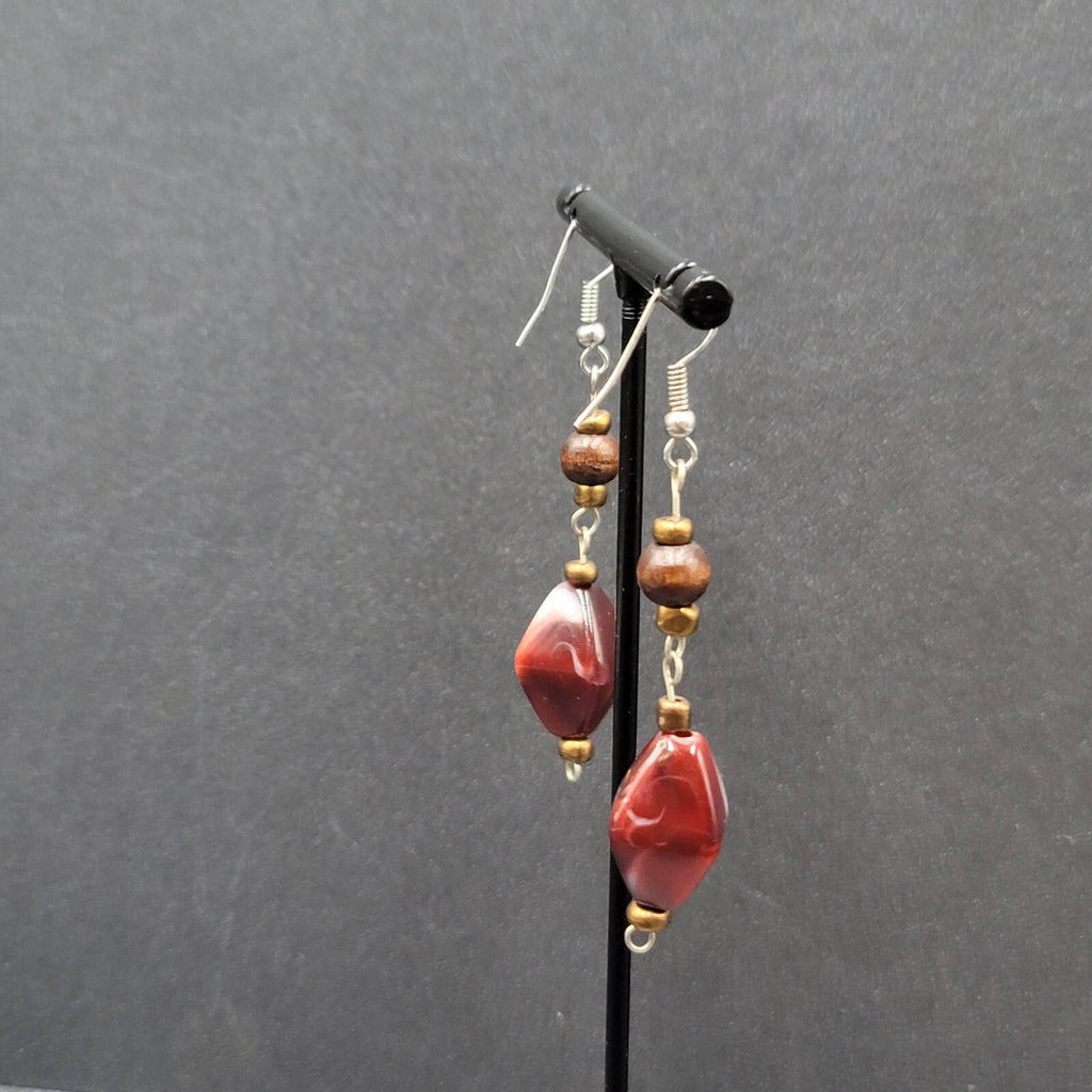 Pierced Earrings Wood Bead Red Swirl Acrylic Bead Dangle  1.75"