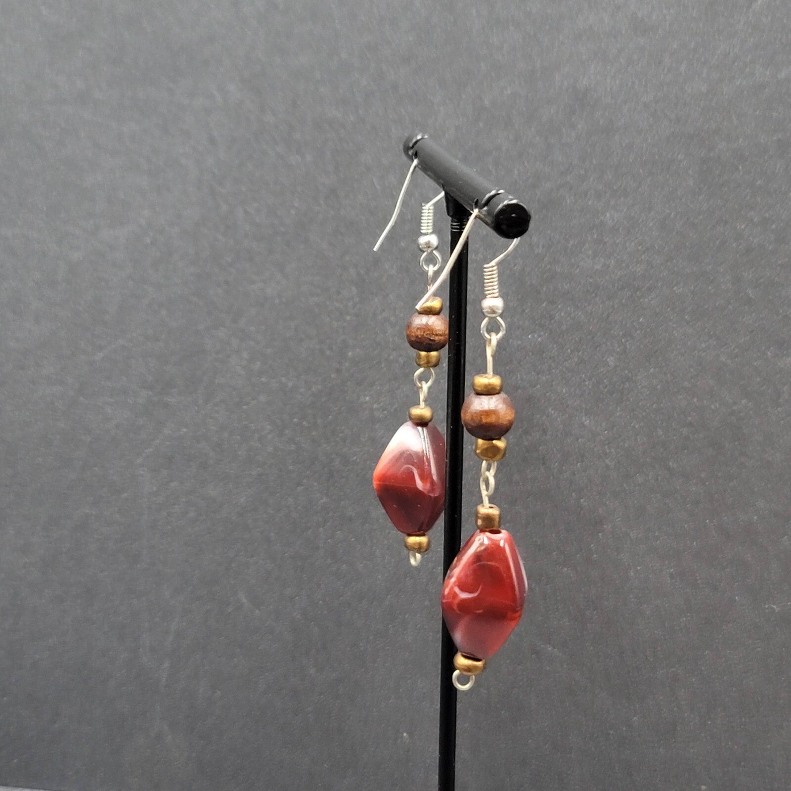 Pierced Earrings Wood Bead Red Swirl Acrylic Bead Dangle  1.75"