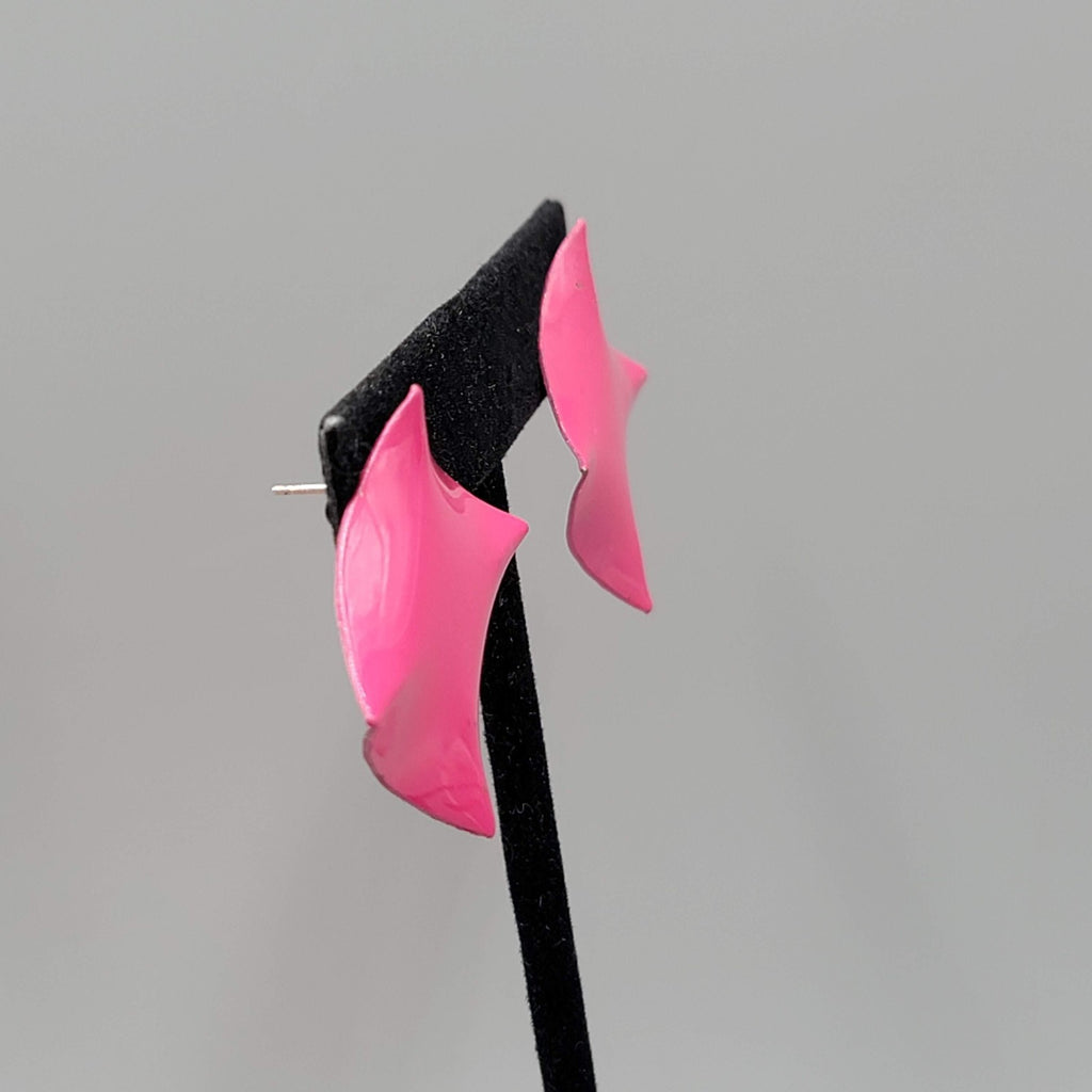 Vintage Hot Pink Enamel Square Pierced Earrings Drop 1.25 in