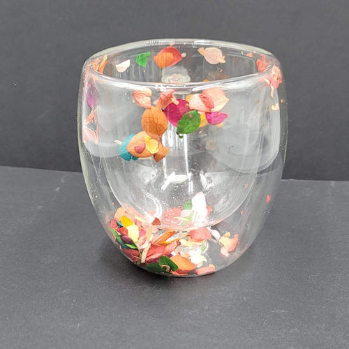 Double Wall Glass Coffee Mug with Multicolor Floating Leaves