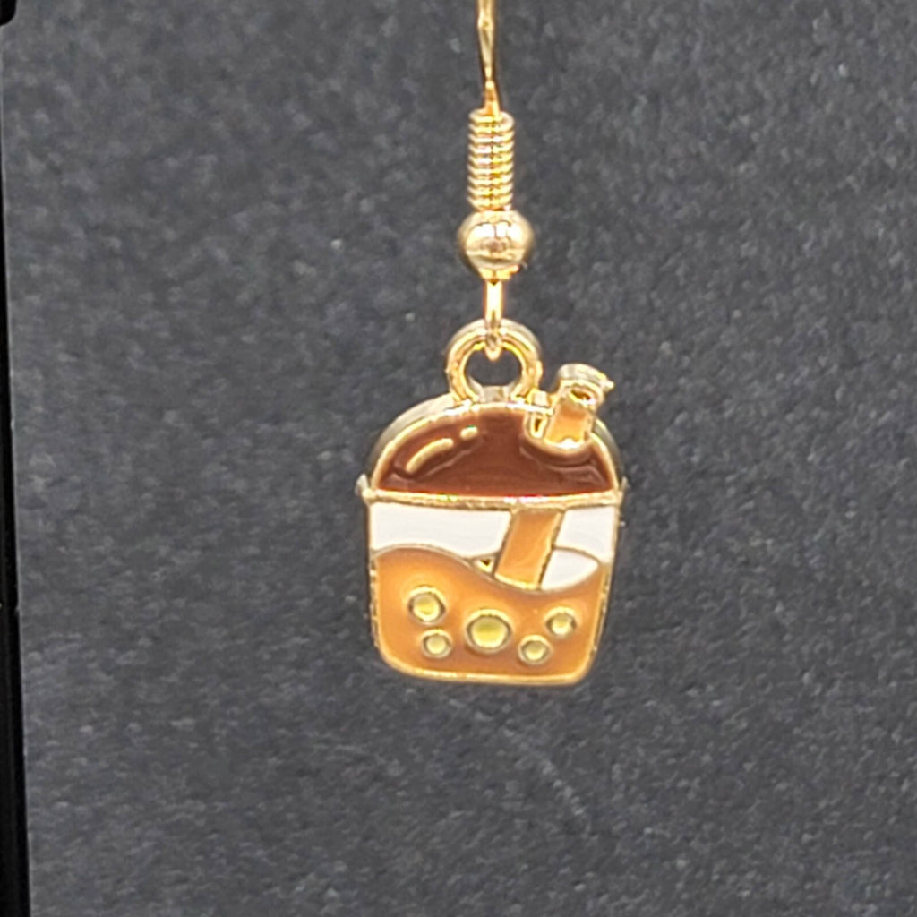 Boba Tea Pierced Earrings Gold tone Coffee Drink Dangle Enamel 1/2"