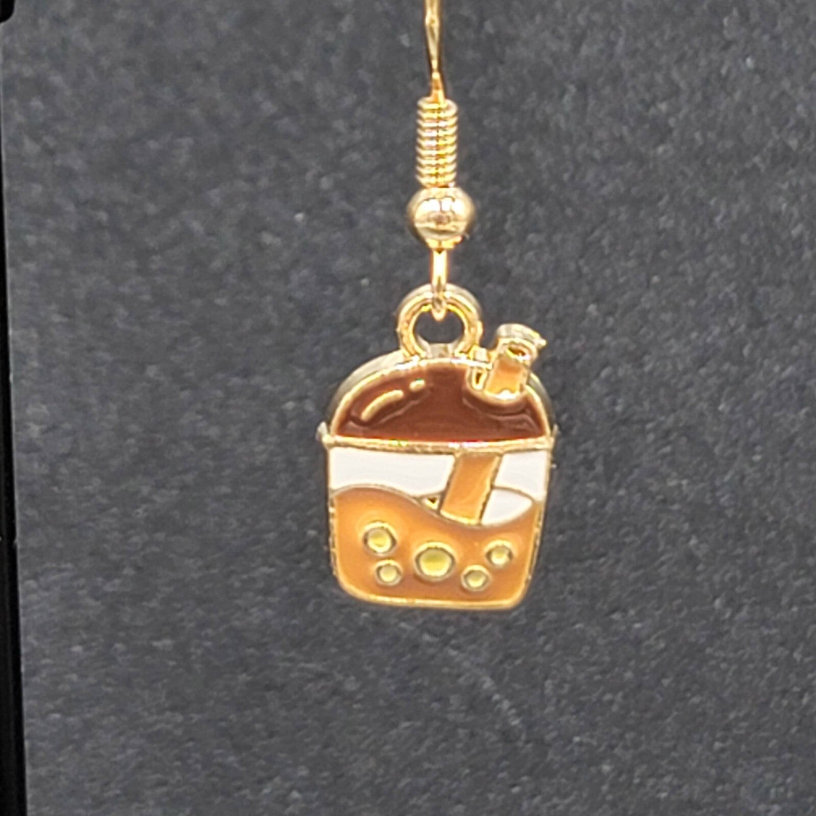 Boba Tea Pierced Earrings Gold tone Coffee Drink Dangle Enamel 1/2"