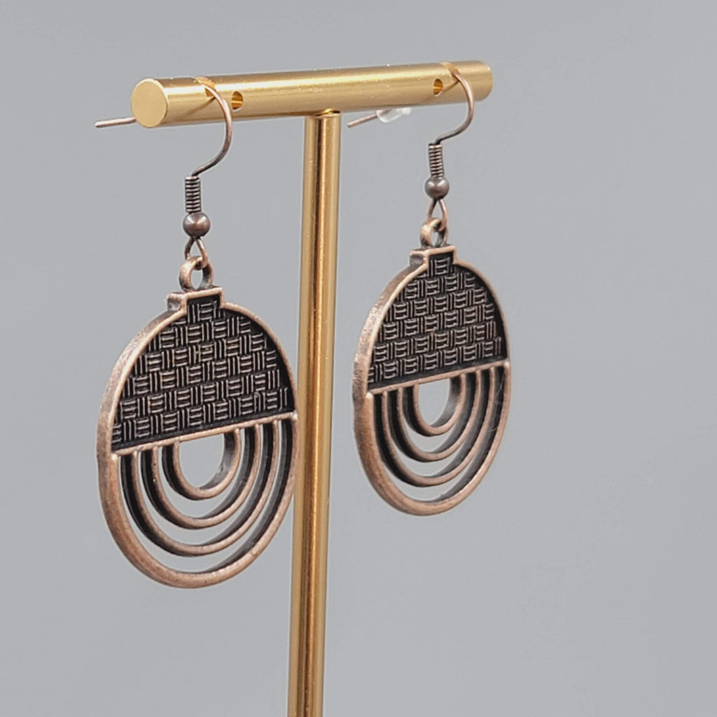 Bronze tone Dangle Pierced Earrings Textured Round Open Work Dangle 1 3/8"