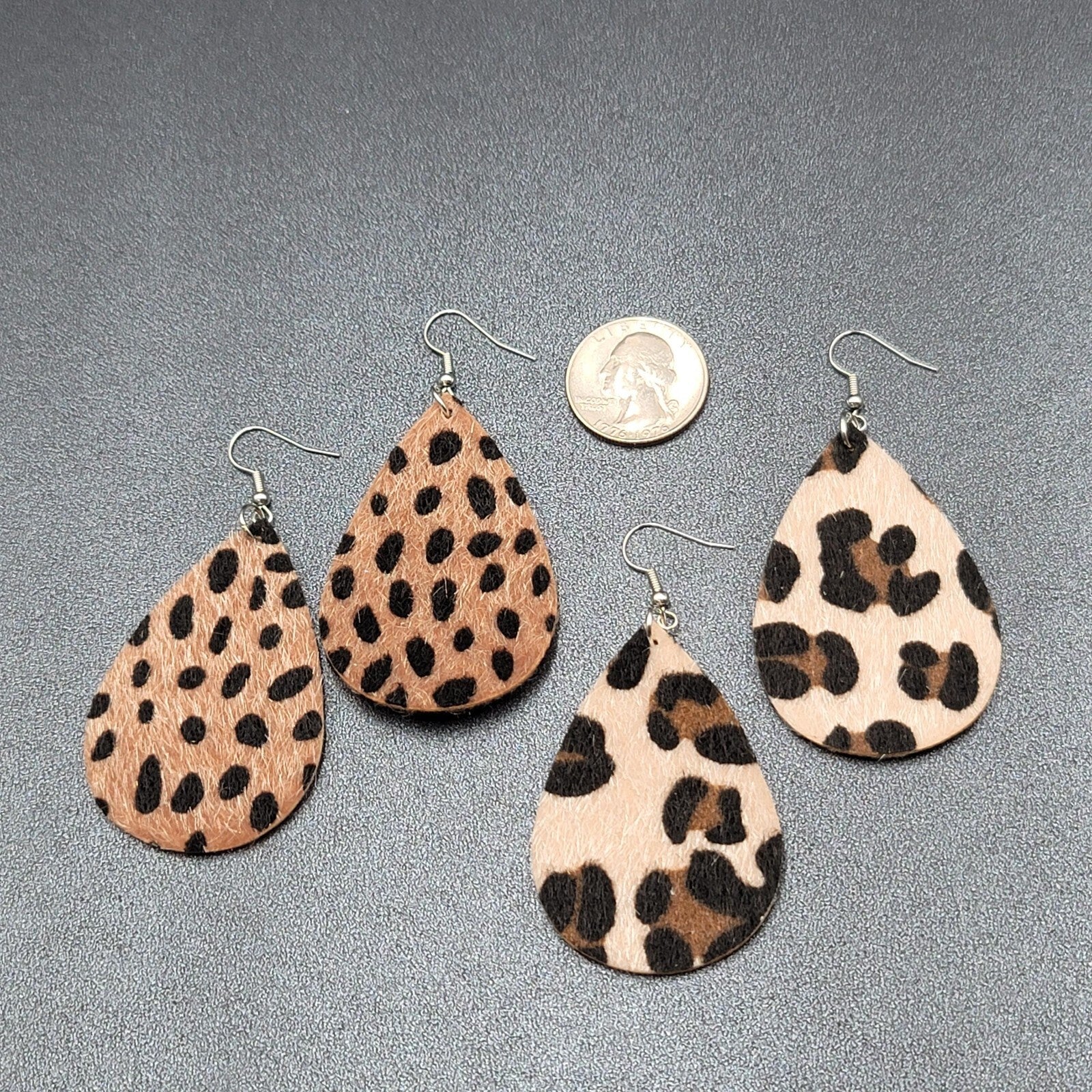 Lot of 2 Pierced Earrings Faux Leather Furry Cheetah and Leopard Print 2.25"