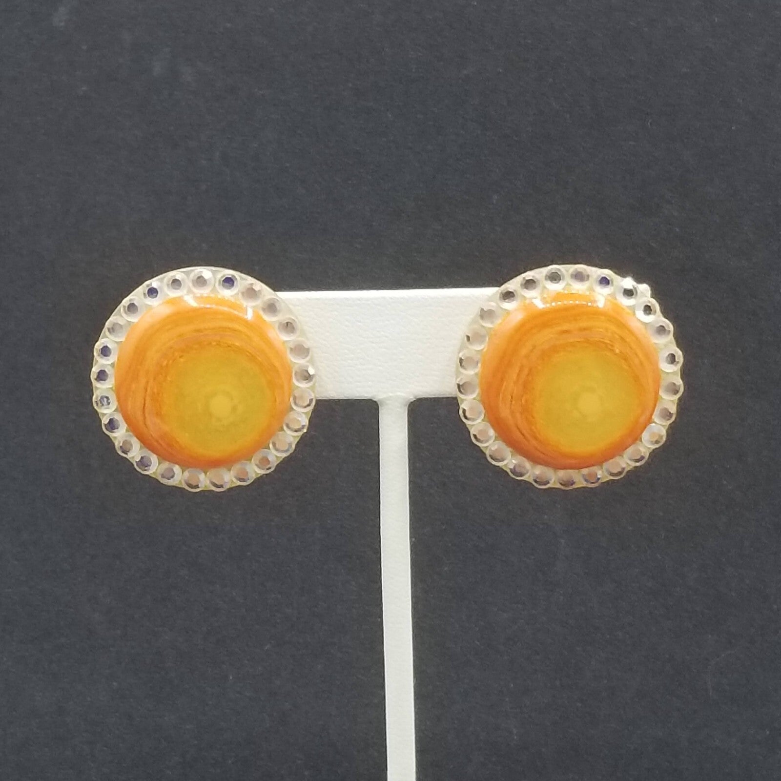 Vintage Clip on Earrings Orange Resin Faceted Crystal Button Style Stud 1 1/8"