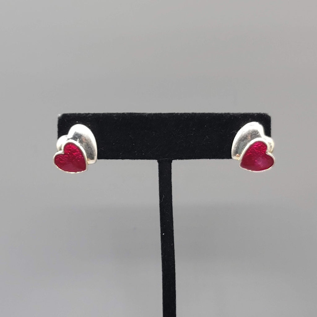Heart Pierced Earrings Silver tone Red Enamel Studs Hearts 5/8"