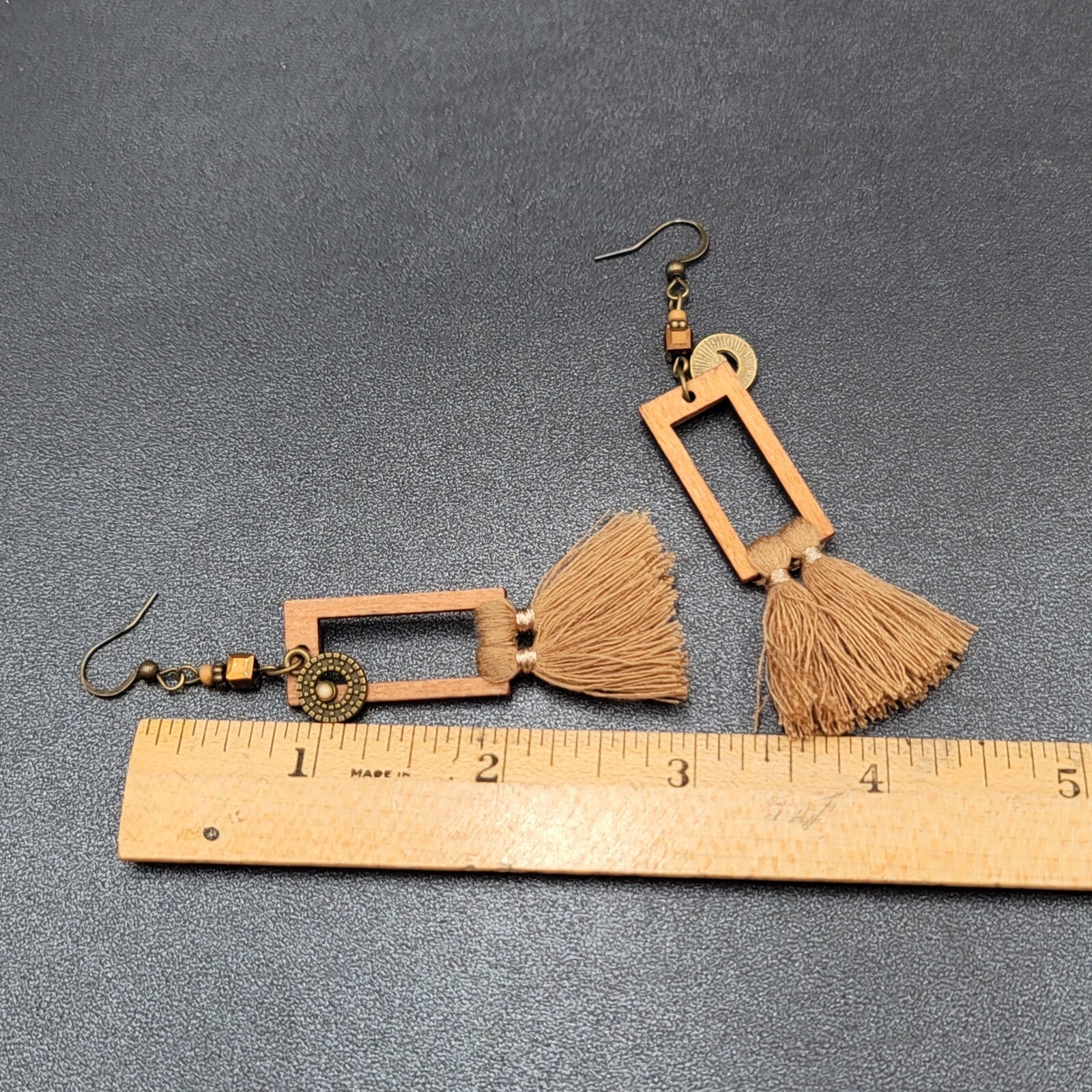 Tassel Pierced Earrings Bronze tone Wood Rectangle Dangle 2.5"