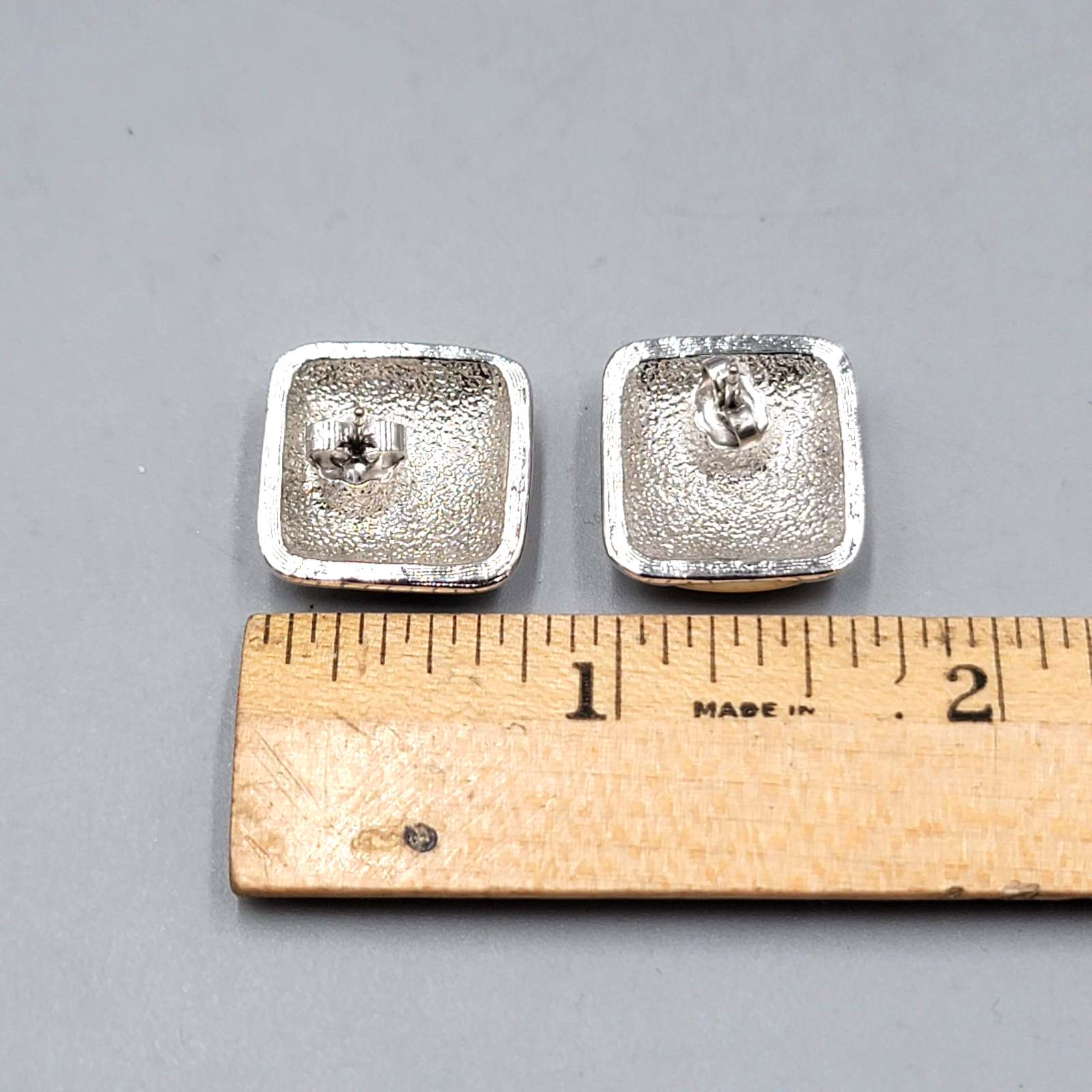 Cream Enamel Pierced Earrings Silver tone Square Drop 3/4 in