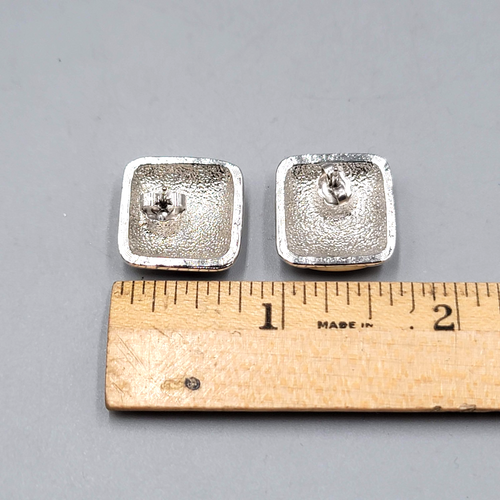 Cream Enamel Pierced Earrings Silver tone Square Drop 3/4 in
