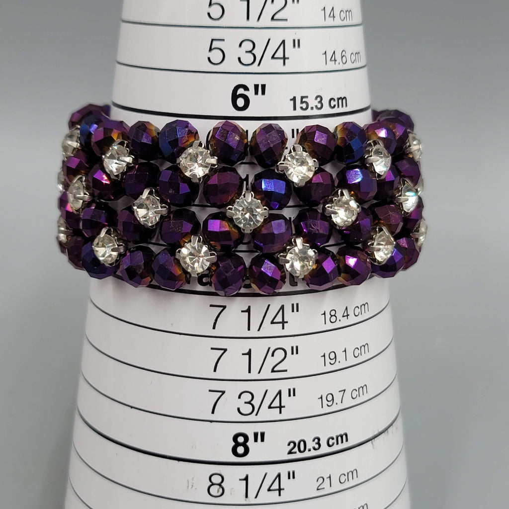 Purple AB Bead Rhinestone Bracelet Elastic Wide 7 in