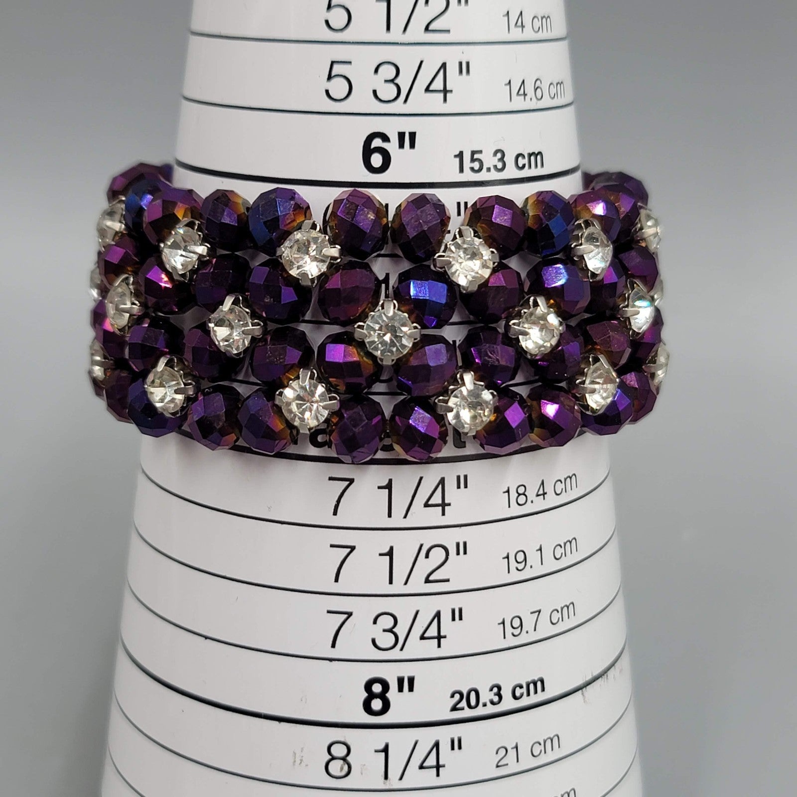 Purple AB Bead Rhinestone Bracelet Elastic Wide 7 in