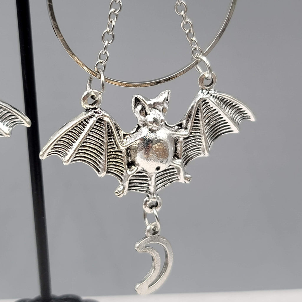 Bat Star Moon Pierced Earrings Large Gothic Punk Silver tone Dangle NEW 3.5"