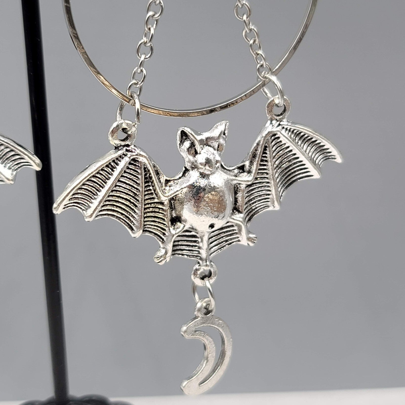Bat Star Moon Pierced Earrings Large Gothic Punk Silver tone Dangle NEW 3.5"