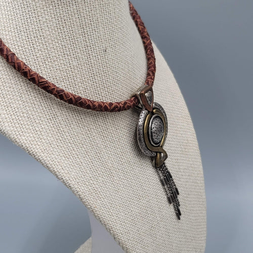Chicos Necklace Brown Leather Cord Two toned Pendant Dangle Chains 16"
