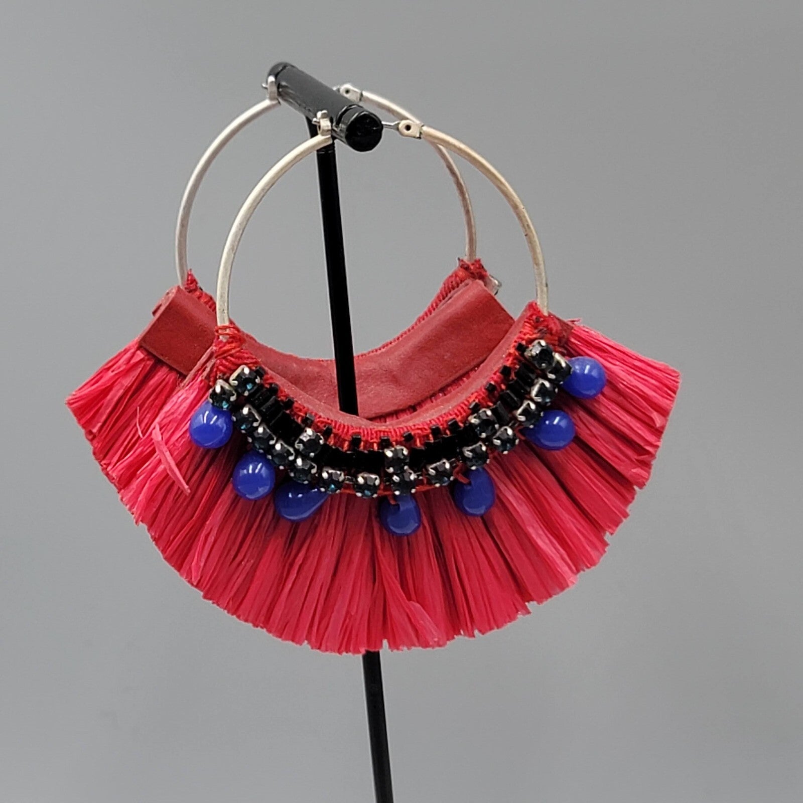 Large Statement Red Rattan Pierced Earrings Purple Bead Hoops 3"