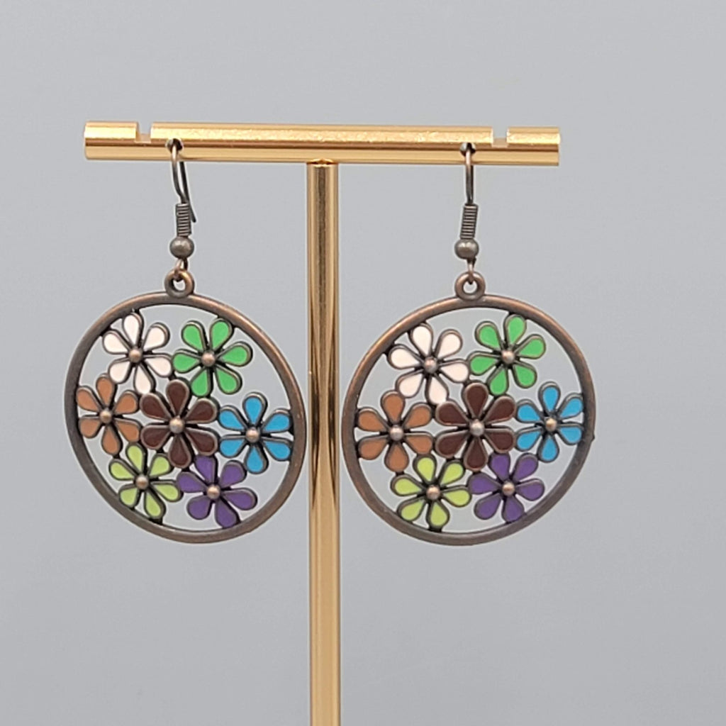 Multicolor Enamel Flower Pierced Earrings Round Bronze tone Dangle 1 3/8"