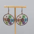 Multicolor Enamel Flower Pierced Earrings Round Bronze tone Dangle 1 3/8"