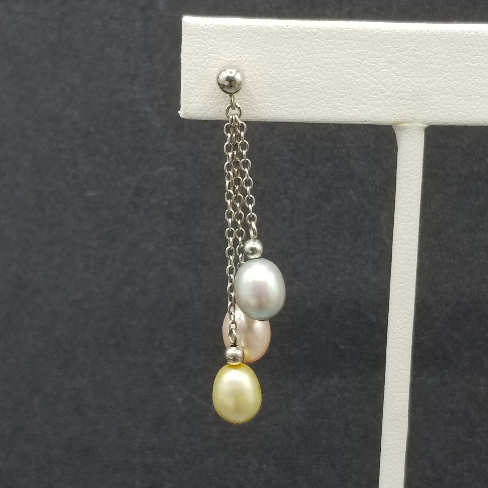 Pierced Earrings Sterling Chain Multicolor Pearl Dangle 1 3/4"